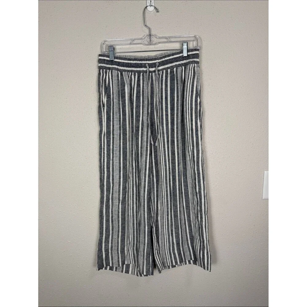 Banana Republic Linen Blend Wide Leg Crop Pants XS Black White Stripe Coastal